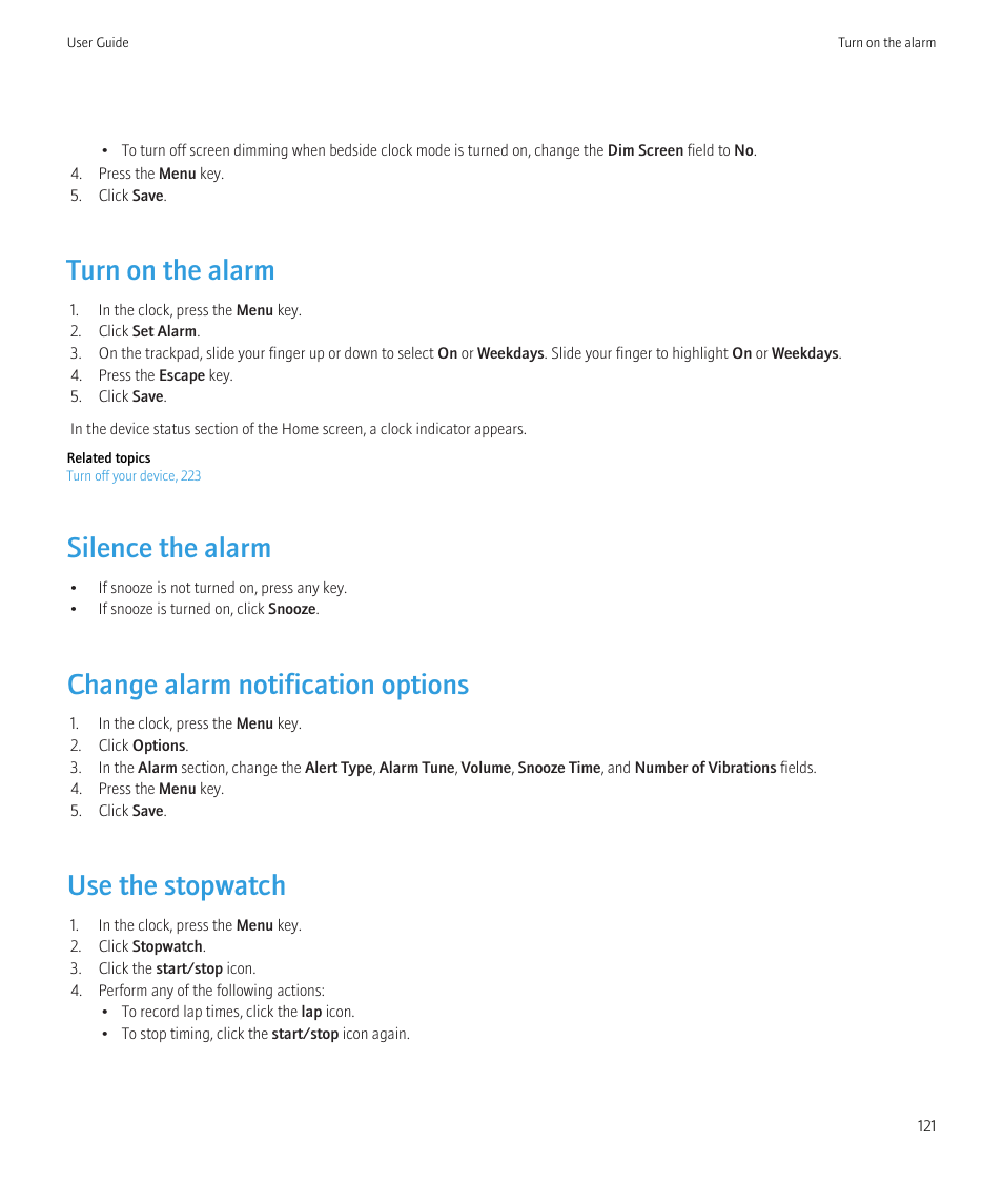 Turn on the alarm, Silence the alarm, Change alarm notification options | Use the stopwatch | Blackberry Curve 8520 User Manual | Page 123 / 278