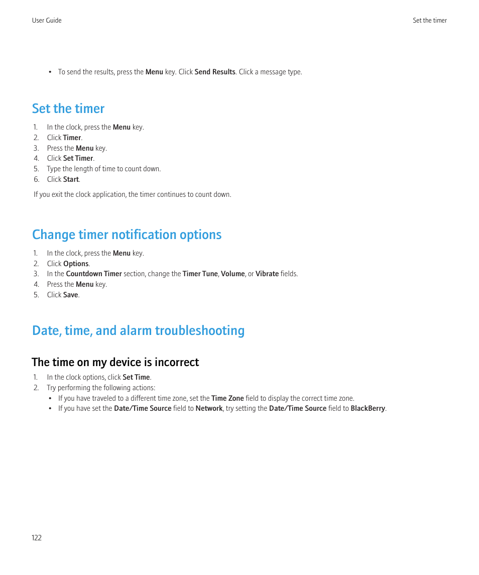 Set the timer, Change timer notification options, Date, time, and alarm troubleshooting | The time on my device is incorrect | Blackberry Curve 8520 User Manual | Page 124 / 278