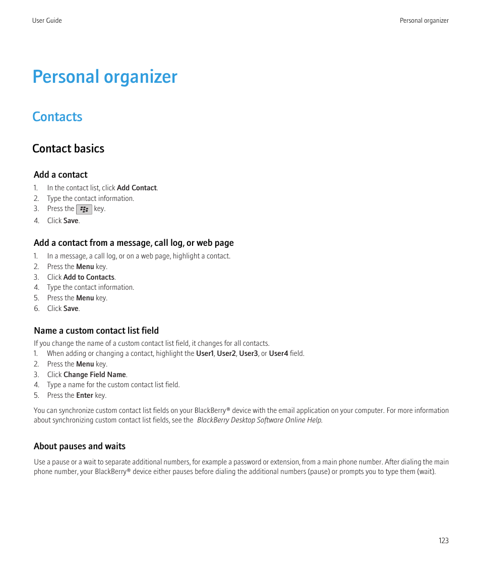 Personal organizer, Contacts, Contact basics | Blackberry Curve 8520 User Manual | Page 125 / 278