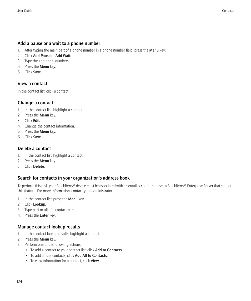 Change a contact, 124 | Blackberry Curve 8520 User Manual | Page 126 / 278