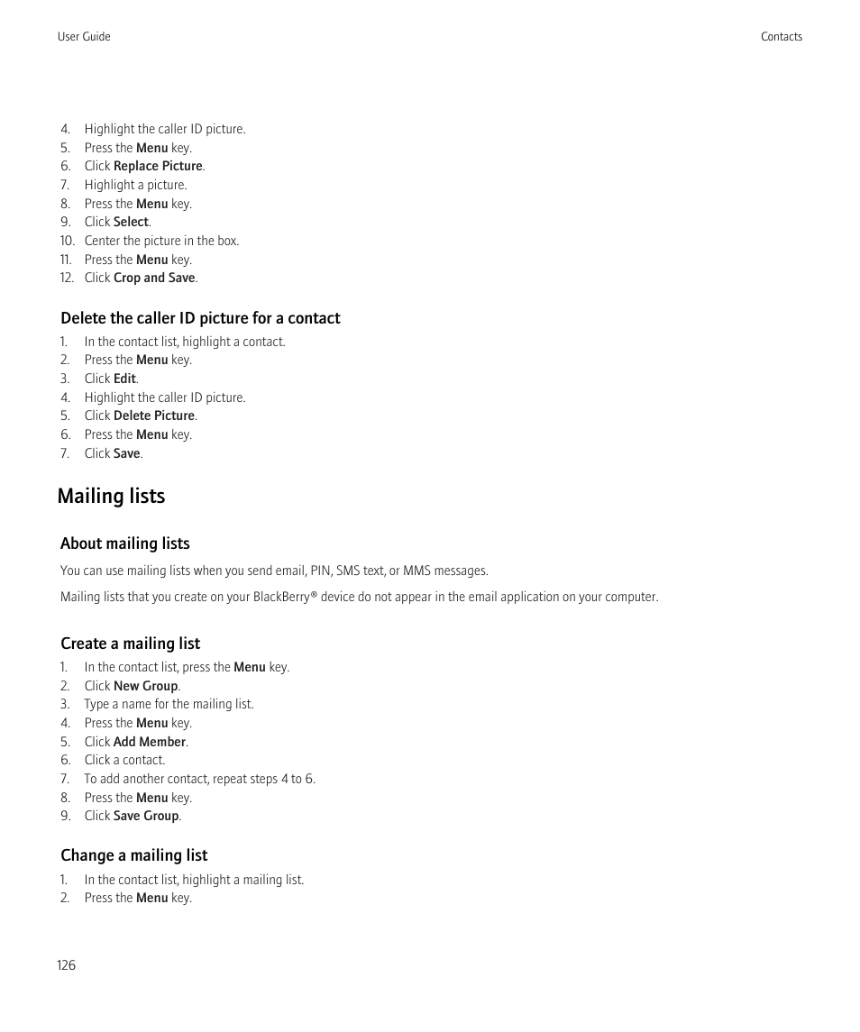 Mailing lists, 126, Mailing lists | Blackberry Curve 8520 User Manual | Page 128 / 278
