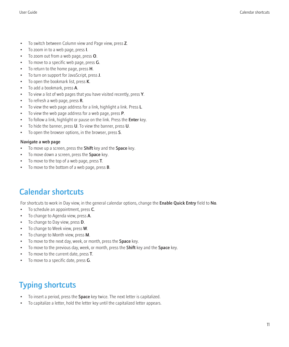 Calendar shortcuts, Typing shortcuts | Blackberry Curve 8520 User Manual | Page 13 / 278