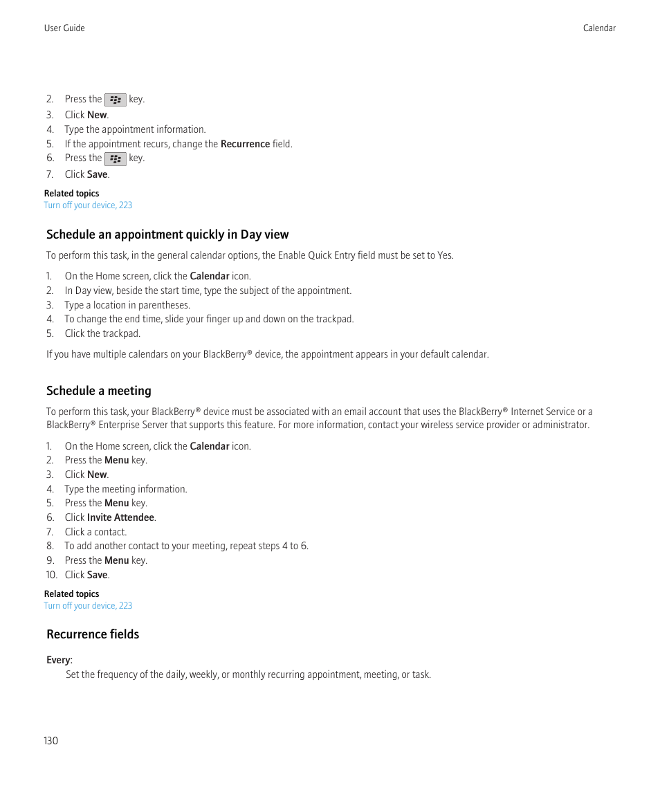 Schedule an appointment quickly in day view, Schedule a meeting, Recurrence fields | Blackberry Curve 8520 User Manual | Page 132 / 278