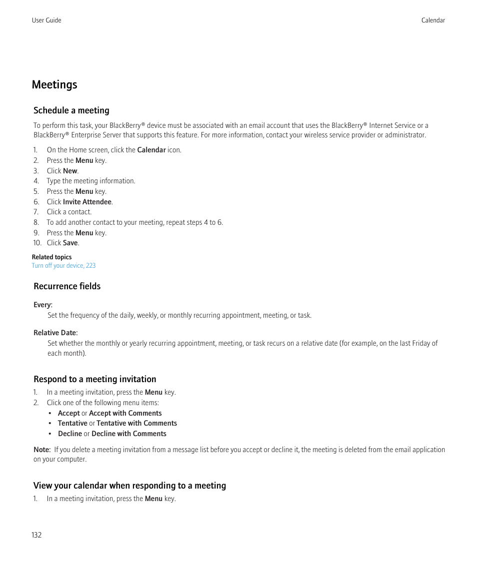 Meetings | Blackberry Curve 8520 User Manual | Page 134 / 278