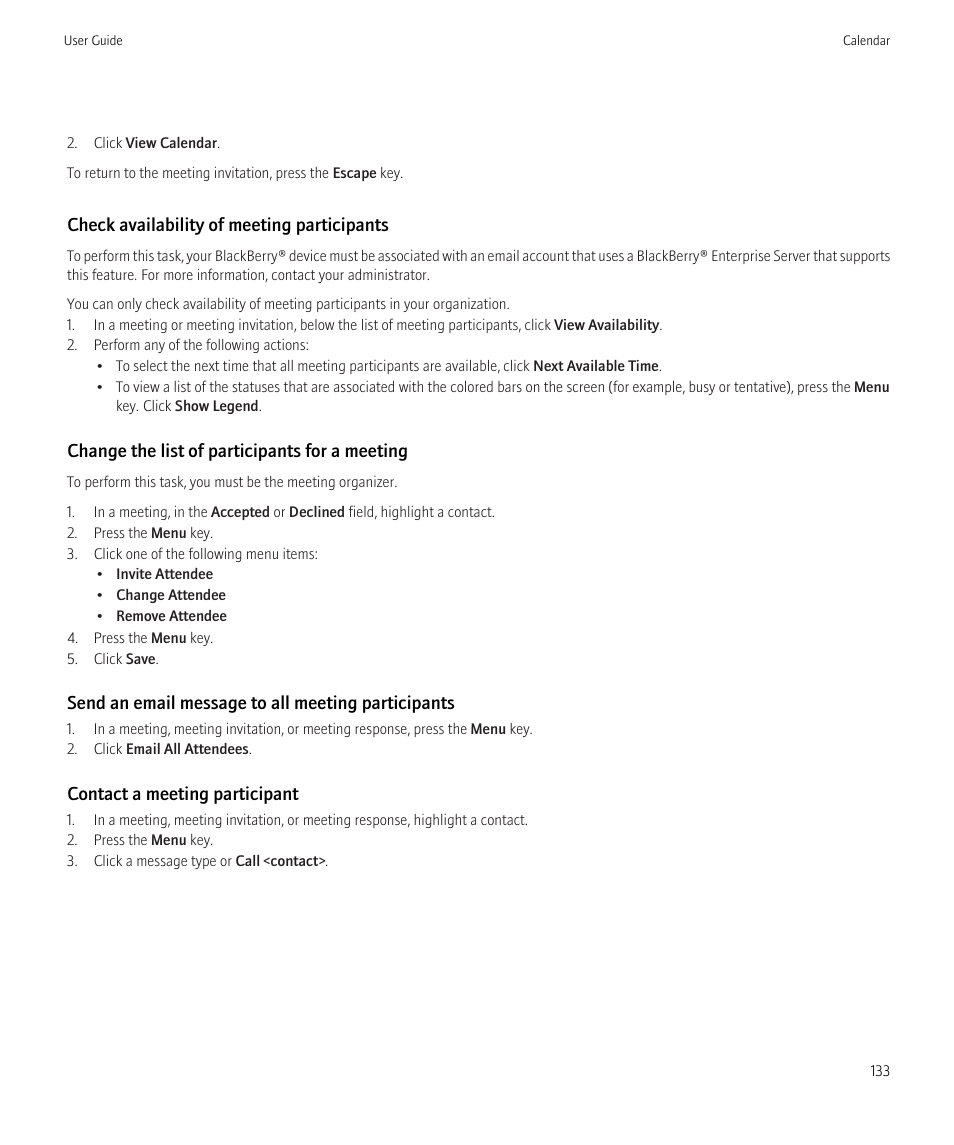 Check availability of meeting participants, Change the list of participants for a meeting, Send an email message to all meeting participants | Contact a meeting participant | Blackberry Curve 8520 User Manual | Page 135 / 278