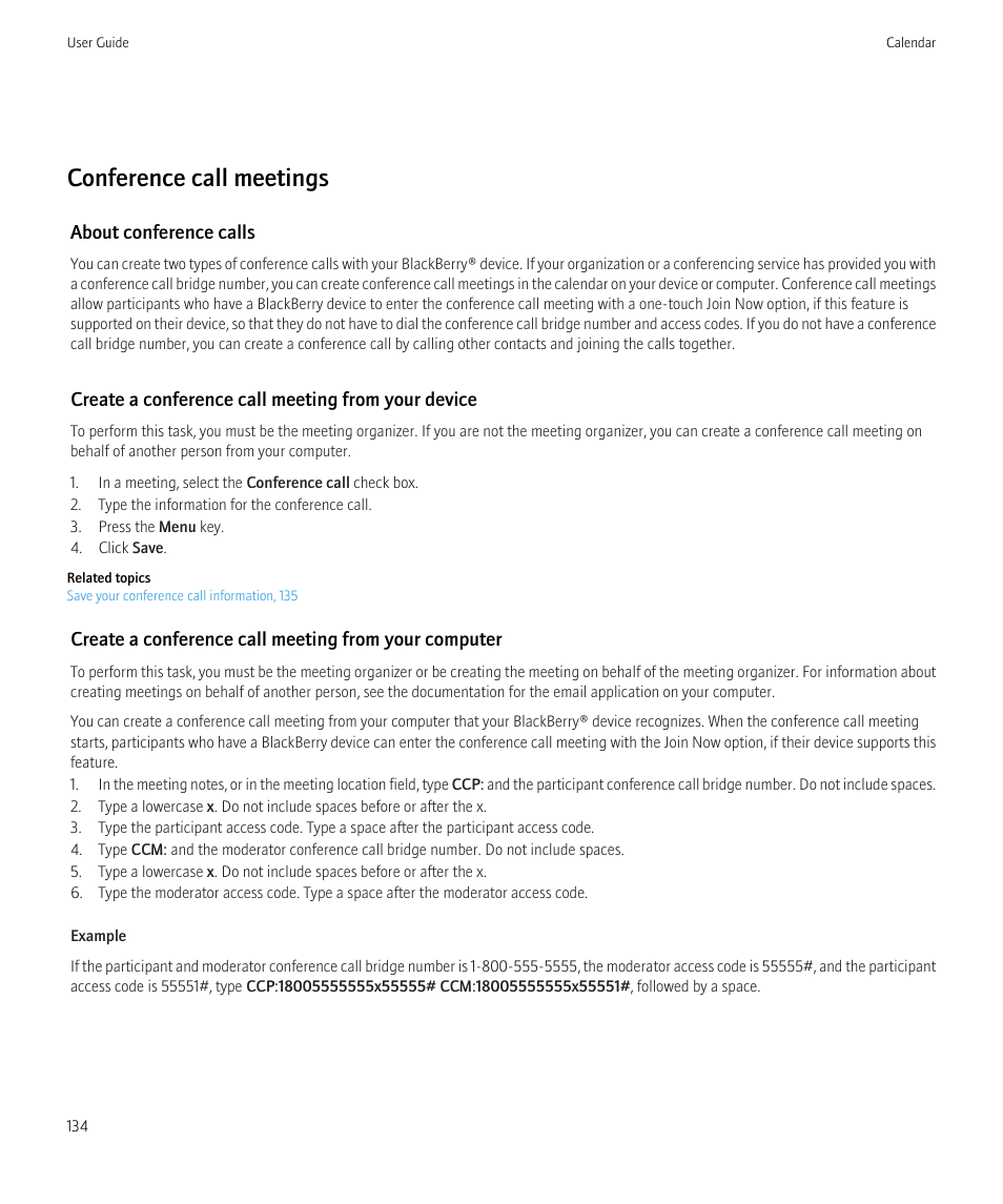 Conference call meetings | Blackberry Curve 8520 User Manual | Page 136 / 278