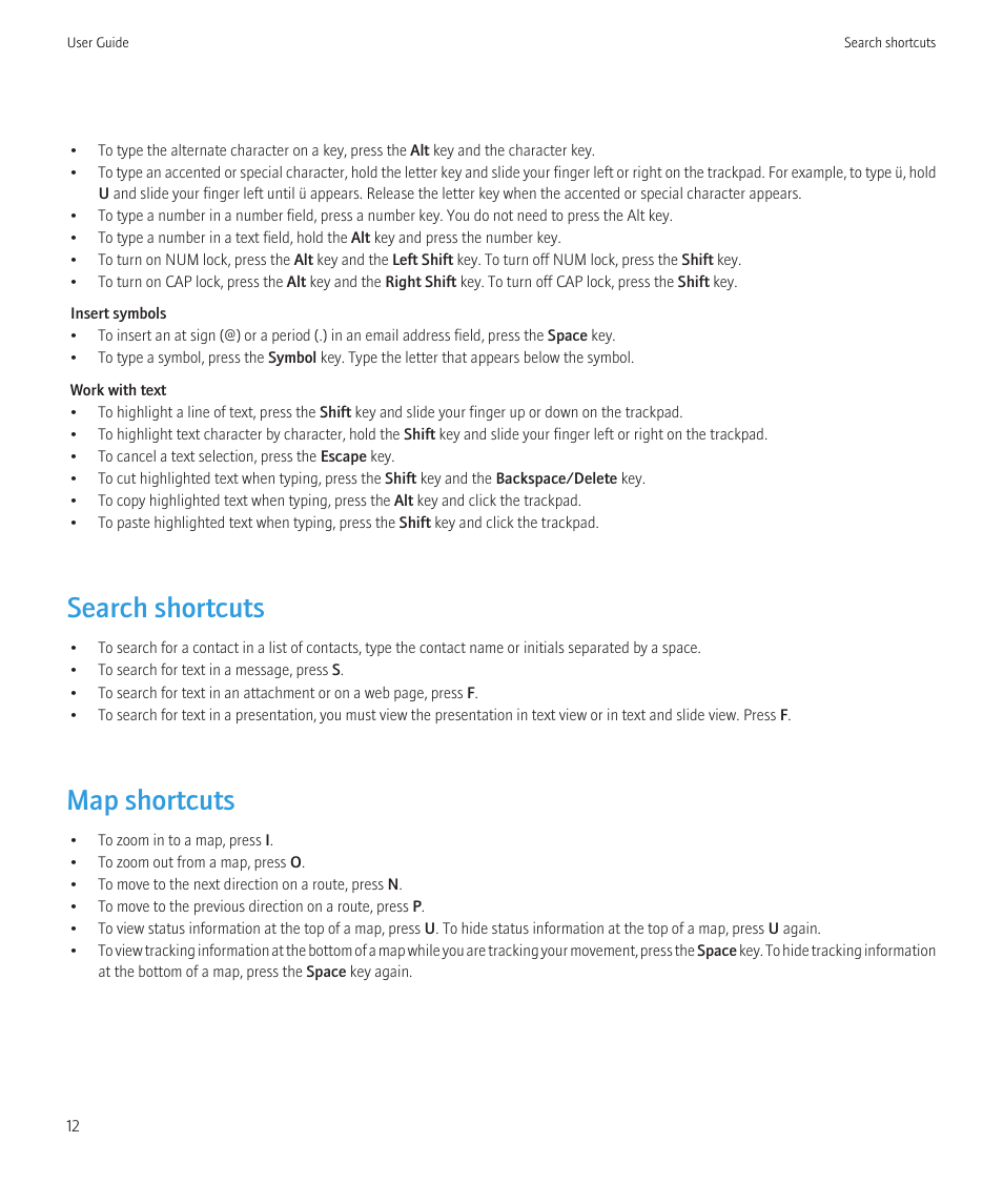 Search shortcuts, Map shortcuts | Blackberry Curve 8520 User Manual | Page 14 / 278