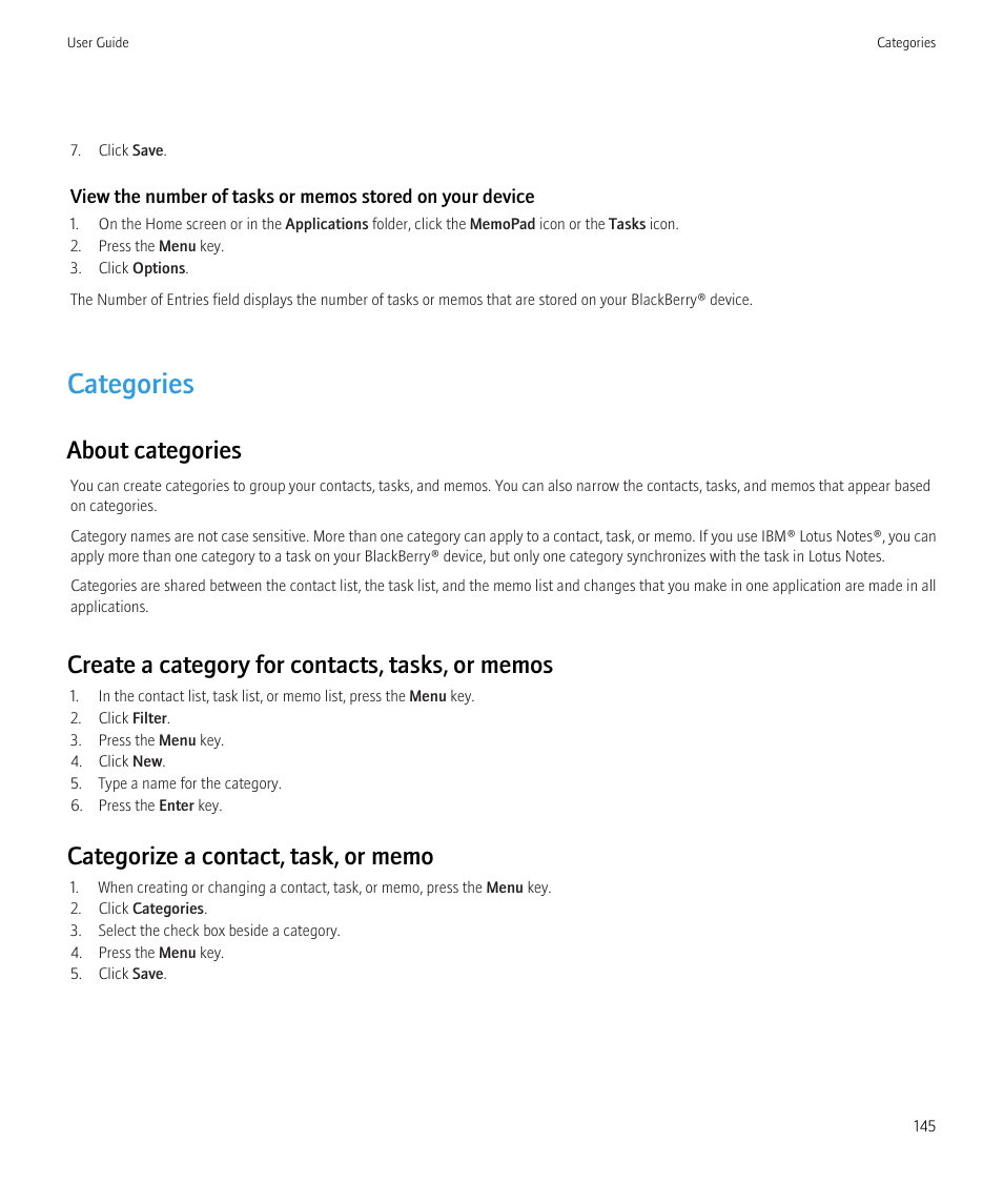 Categories, About categories | Blackberry Curve 8520 User Manual | Page 147 / 278