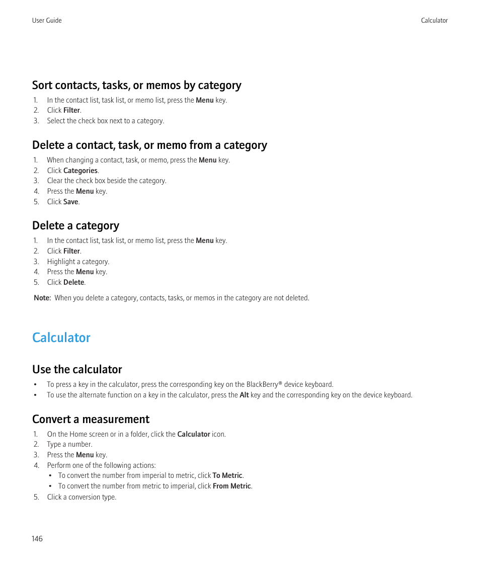 Calculator, Delete a category, Use the calculator | Convert a measurement | Blackberry Curve 8520 User Manual | Page 148 / 278