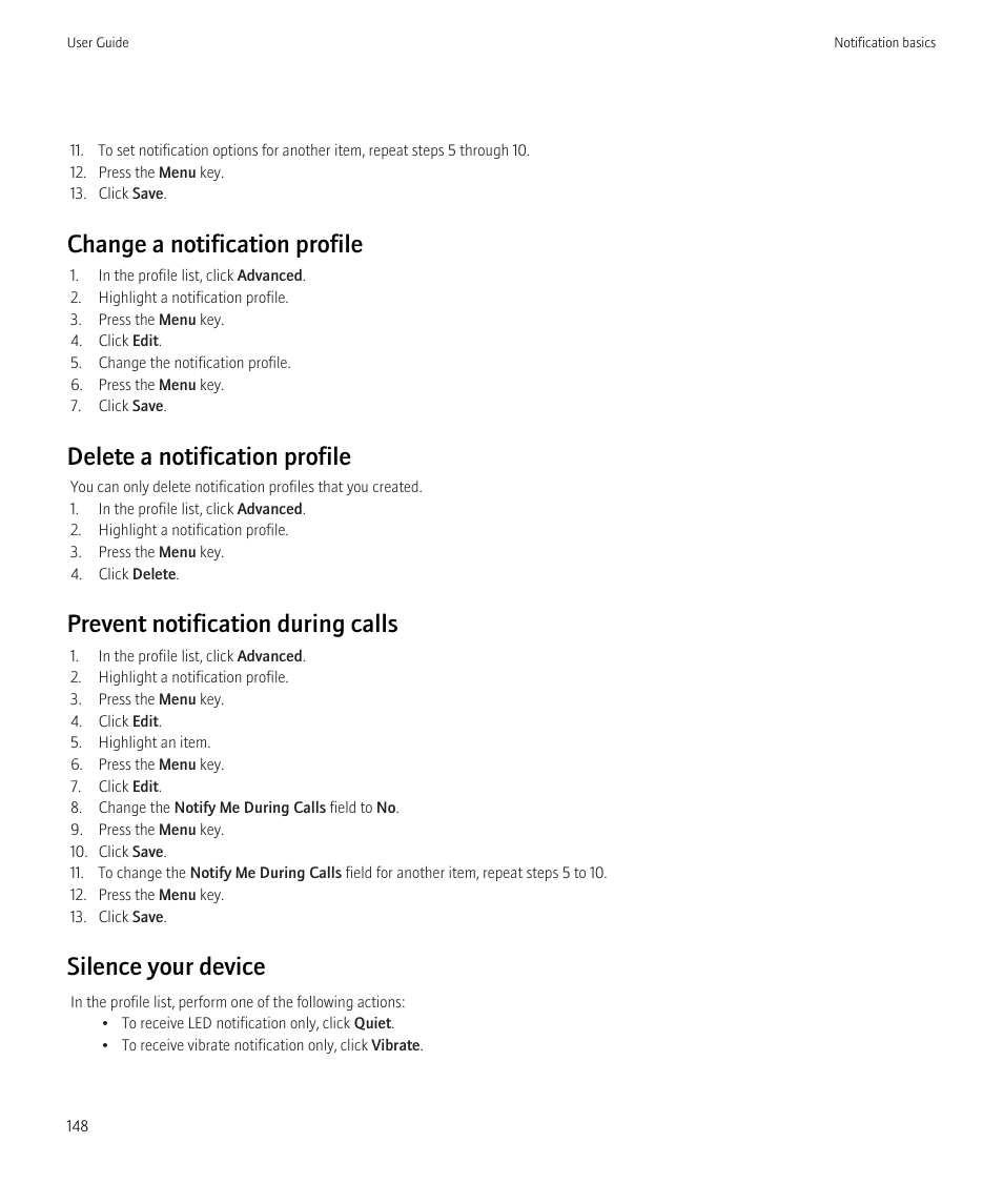 Change a notification profile, Delete a notification profile, Prevent notification during calls | Silence your device | Blackberry Curve 8520 User Manual | Page 150 / 278