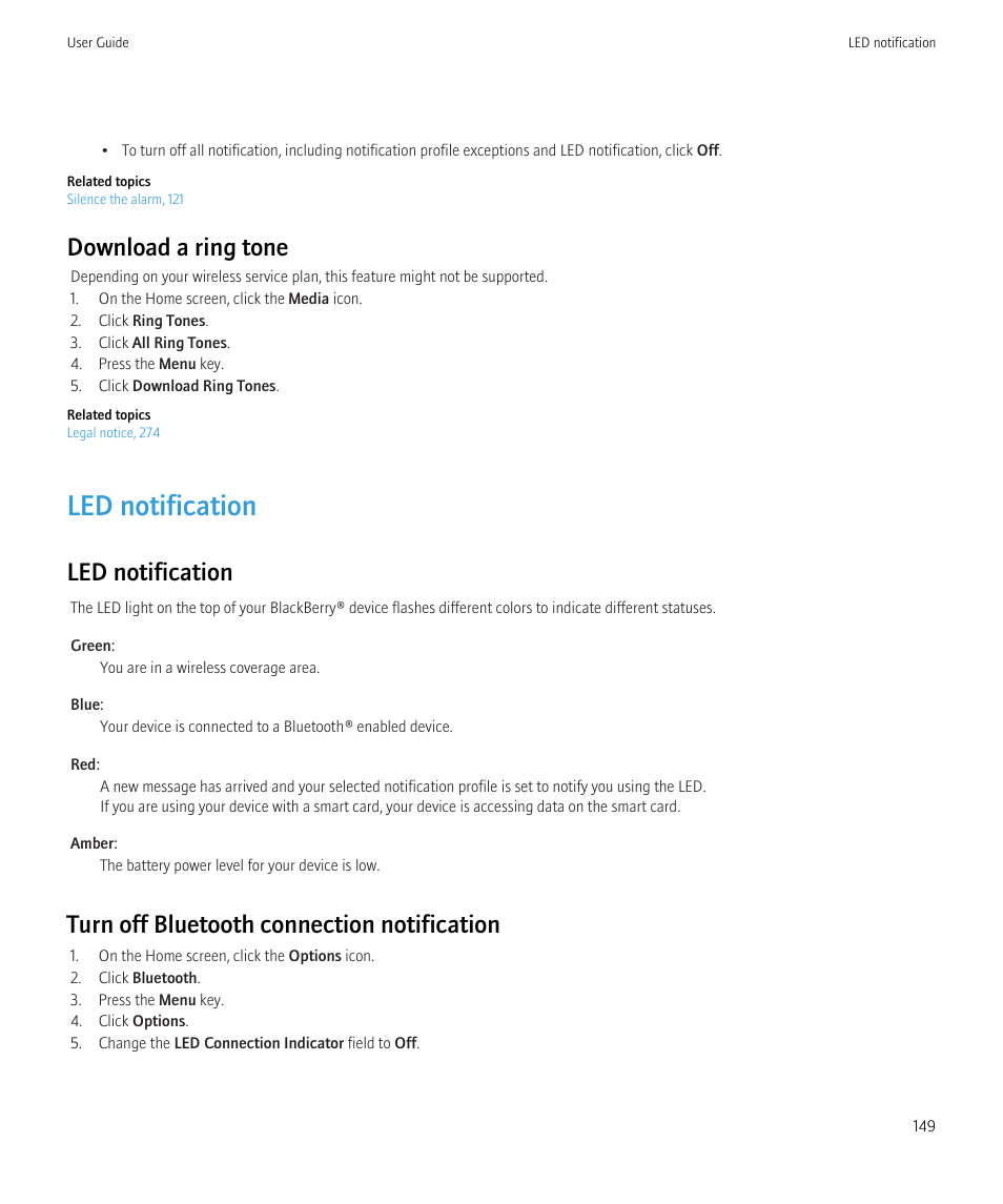 Led notification, Download a ring tone, Turn off bluetooth connection notification | Blackberry Curve 8520 User Manual | Page 151 / 278