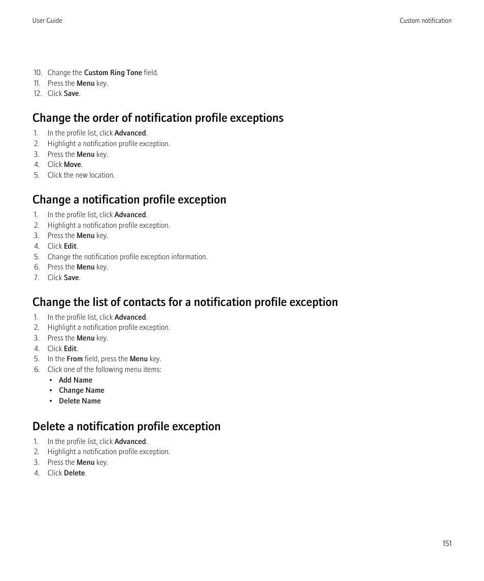 Change a notification profile exception, Delete a notification profile exception | Blackberry Curve 8520 User Manual | Page 153 / 278