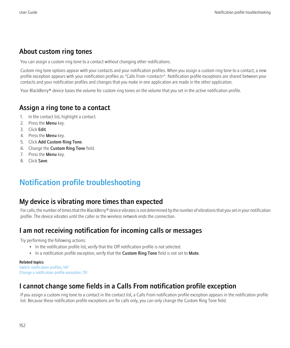Notification profile troubleshooting, About custom ring tones, Assign a ring tone to a contact | My device is vibrating more times than expected | Blackberry Curve 8520 User Manual | Page 154 / 278