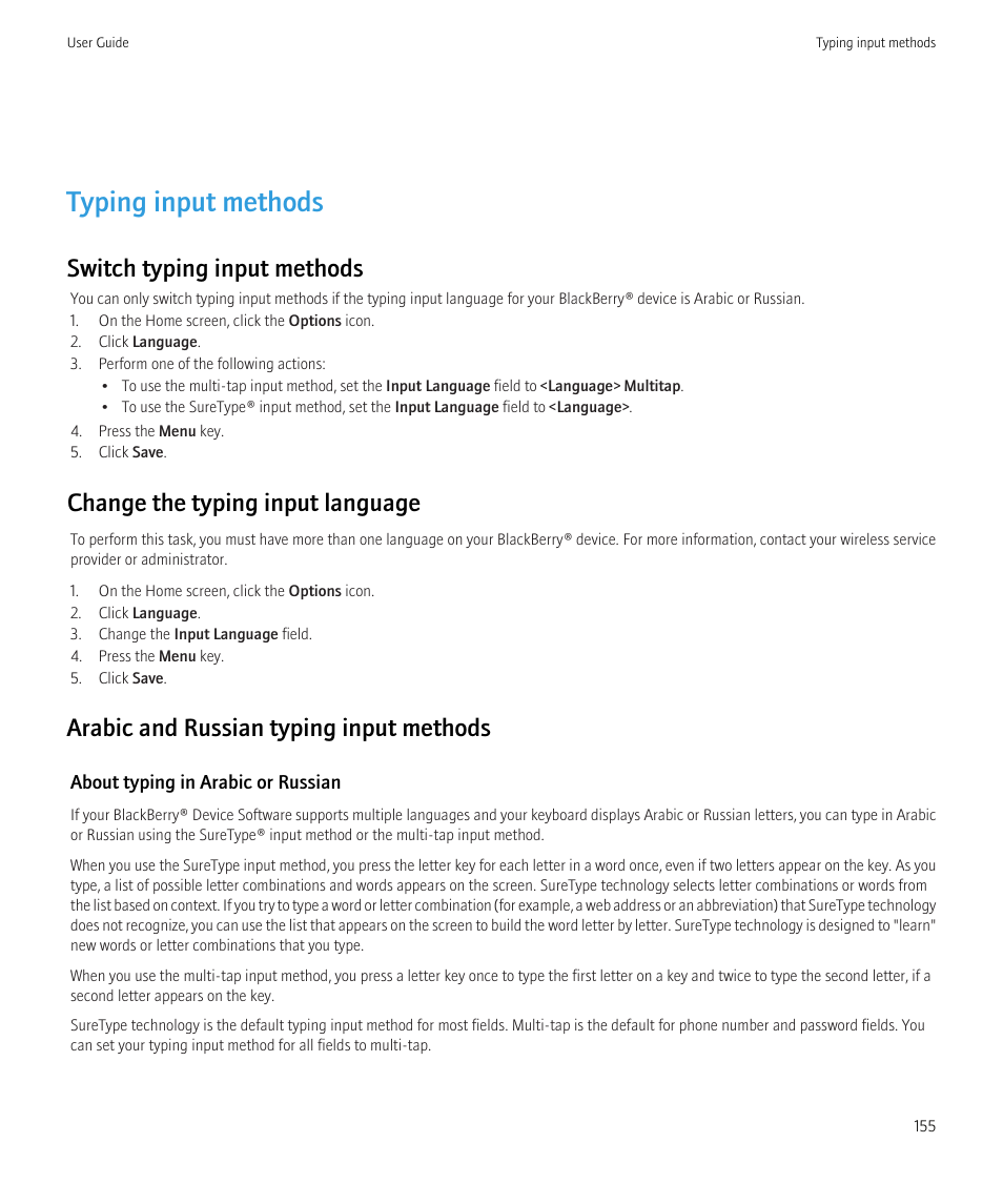 Typing input methods, Switch typing input methods, Change the typing input language | Arabic and russian typing input methods | Blackberry Curve 8520 User Manual | Page 157 / 278