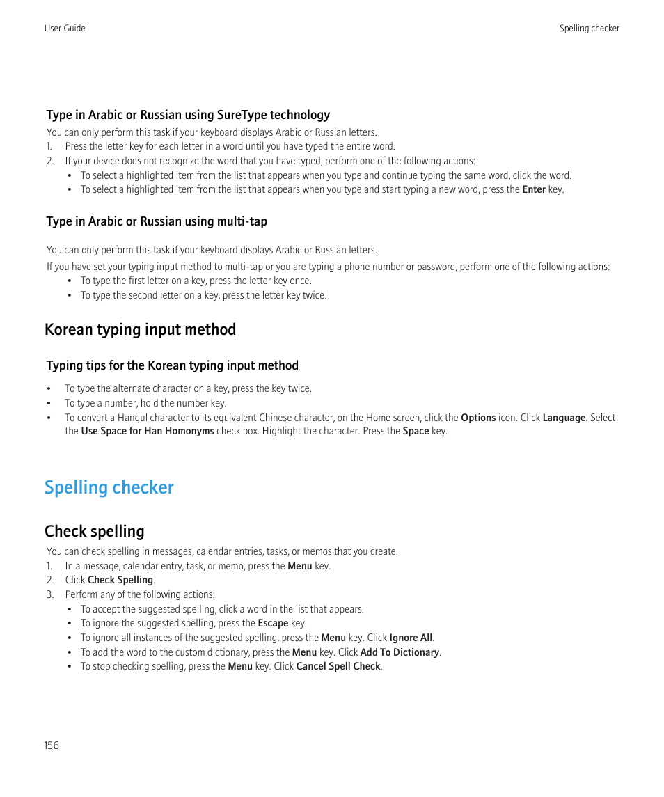 Spelling checker, Korean typing input method, Check spelling | Blackberry Curve 8520 User Manual | Page 158 / 278