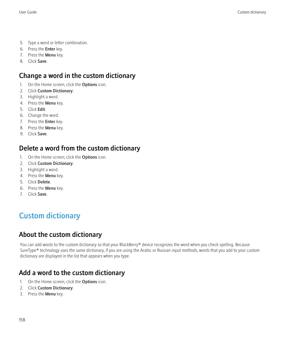 Custom dictionary, Change a word in the custom dictionary, Delete a word from the custom dictionary | About the custom dictionary, Add a word to the custom dictionary | Blackberry Curve 8520 User Manual | Page 160 / 278