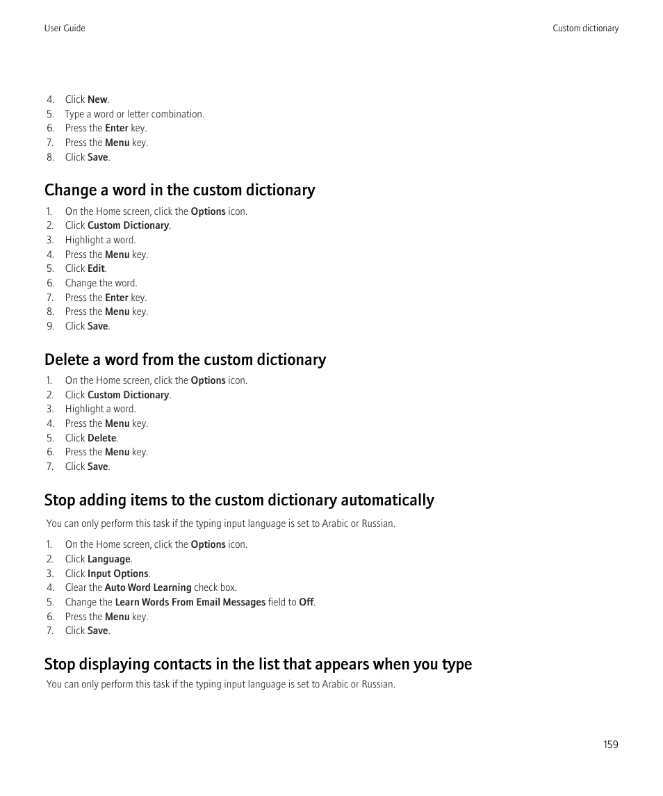 Change a word in the custom dictionary, Delete a word from the custom dictionary | Blackberry Curve 8520 User Manual | Page 161 / 278