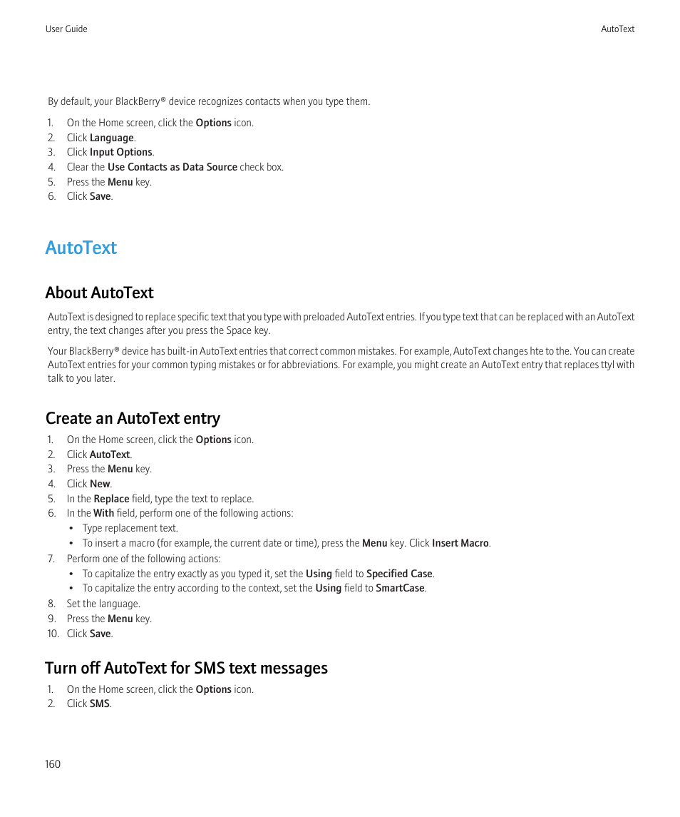 Autotext, About autotext, Create an autotext entry | Turn off autotext for sms text messages | Blackberry Curve 8520 User Manual | Page 162 / 278