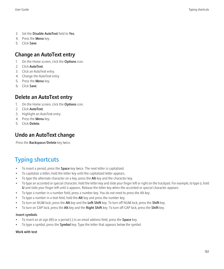 Typing shortcuts, Change an autotext entry, Delete an autotext entry | Undo an autotext change | Blackberry Curve 8520 User Manual | Page 163 / 278