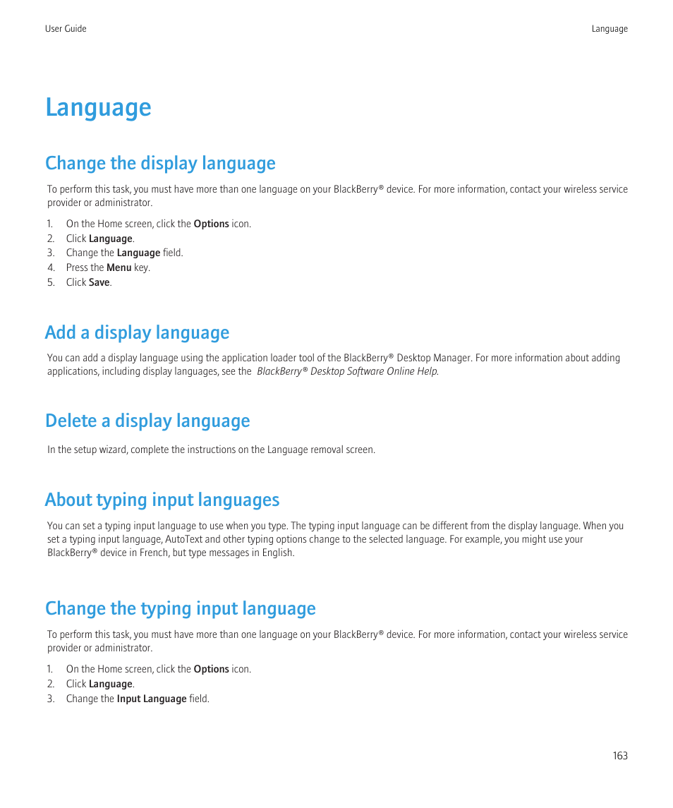 Language, Change the display language, Add a display language | Delete a display language, About typing input languages, Change the typing input language | Blackberry Curve 8520 User Manual | Page 165 / 278