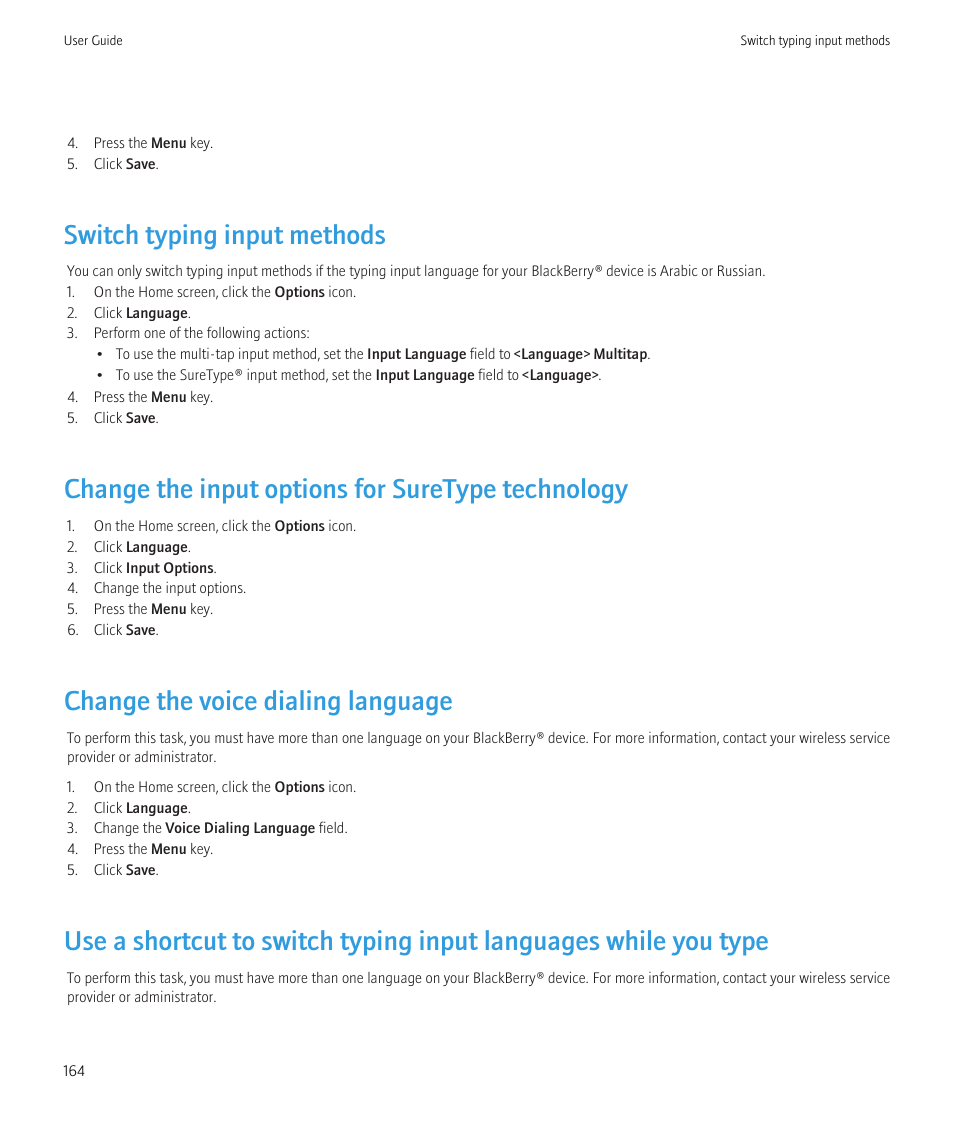 Switch typing input methods, Change the input options for suretype technology, Change the voice dialing language | Blackberry Curve 8520 User Manual | Page 166 / 278
