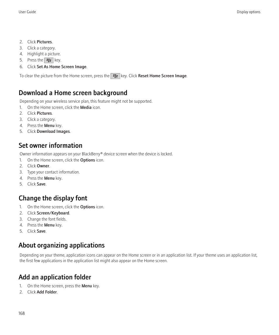 Download a home screen background, Set owner information, Change the display font | About organizing applications, Add an application folder | Blackberry Curve 8520 User Manual | Page 170 / 278