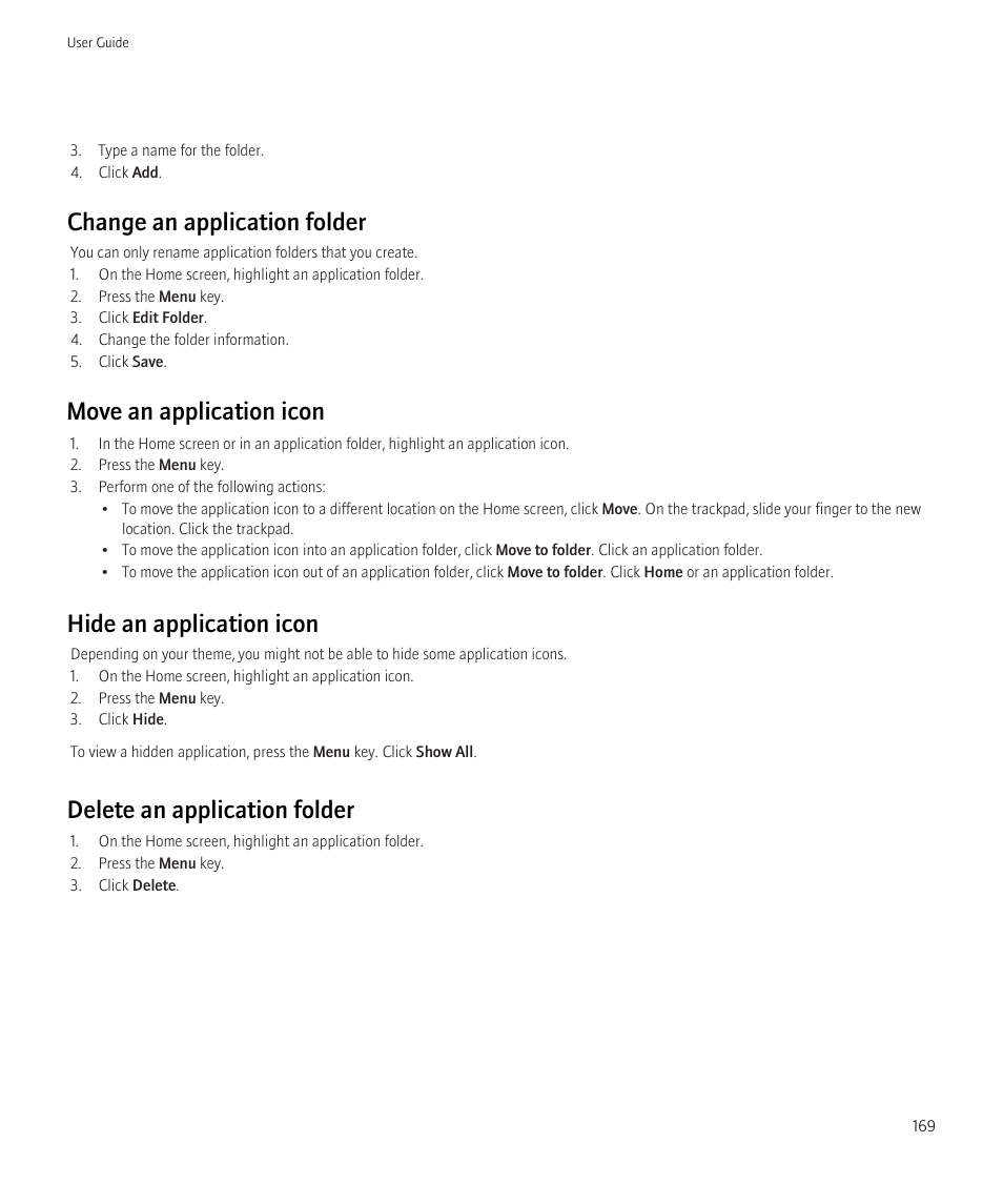 Change an application folder, Move an application icon, Hide an application icon | Delete an application folder | Blackberry Curve 8520 User Manual | Page 171 / 278