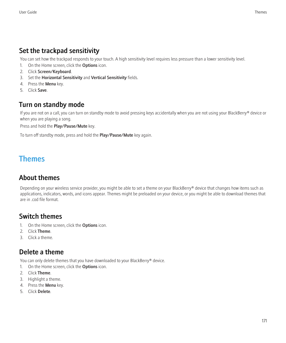 Themes, Set the trackpad sensitivity, Turn on standby mode | About themes, Switch themes, Delete a theme | Blackberry Curve 8520 User Manual | Page 173 / 278