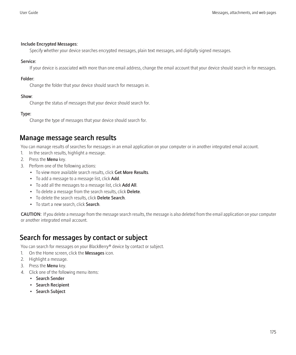 Manage message search results, Search for messages by contact or subject | Blackberry Curve 8520 User Manual | Page 177 / 278