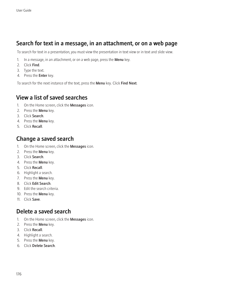 View a list of saved searches, Change a saved search, Delete a saved search | Blackberry Curve 8520 User Manual | Page 178 / 278