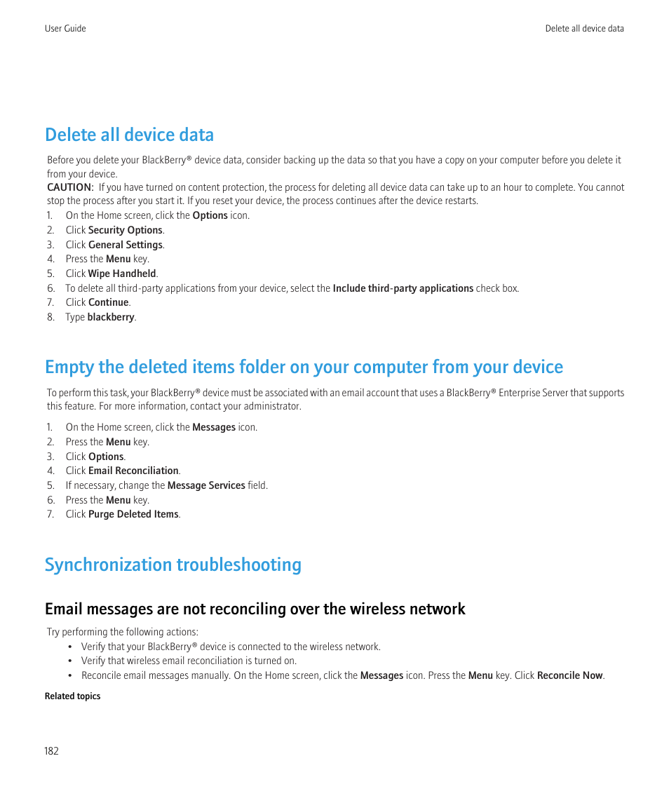 Delete all device data, Synchronization troubleshooting | Blackberry Curve 8520 User Manual | Page 184 / 278