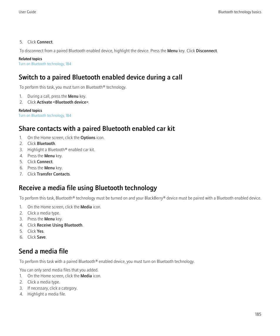 Receive a media file using bluetooth technology, Send a media file | Blackberry Curve 8520 User Manual | Page 187 / 278