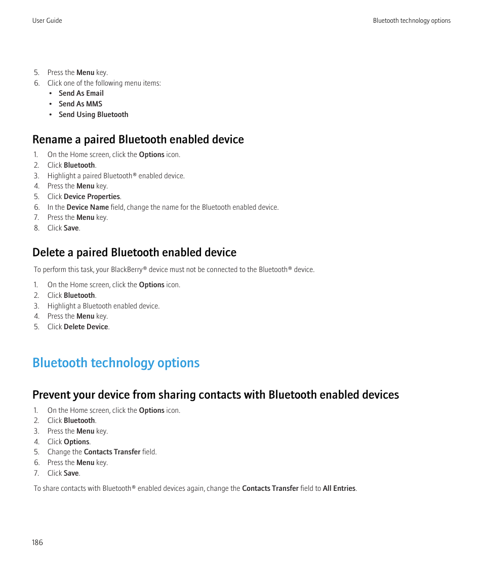 Bluetooth technology options, Rename a paired bluetooth enabled device, Delete a paired bluetooth enabled device | Blackberry Curve 8520 User Manual | Page 188 / 278