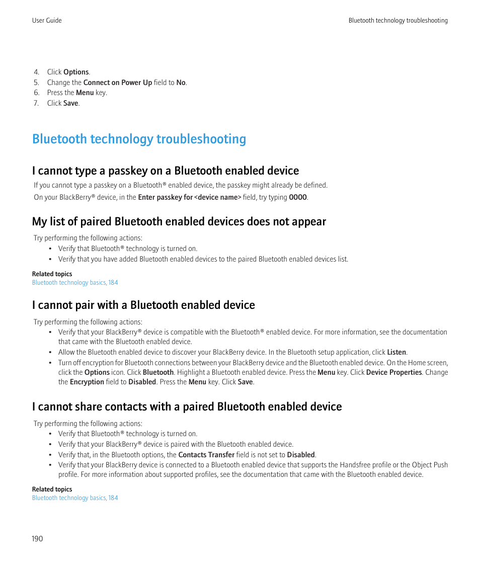 Bluetooth technology troubleshooting, I cannot pair with a bluetooth enabled device | Blackberry Curve 8520 User Manual | Page 192 / 278