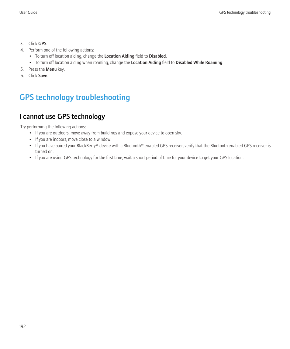 Gps technology troubleshooting, I cannot use gps technology | Blackberry Curve 8520 User Manual | Page 194 / 278