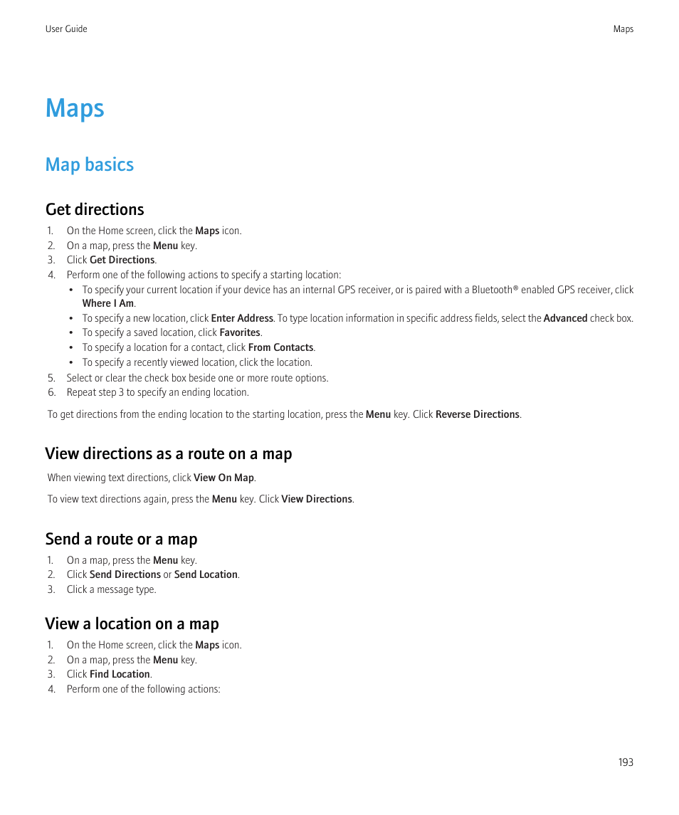 Maps, Map basics, Get directions | View directions as a route on a map, Send a route or a map, View a location on a map | Blackberry Curve 8520 User Manual | Page 195 / 278