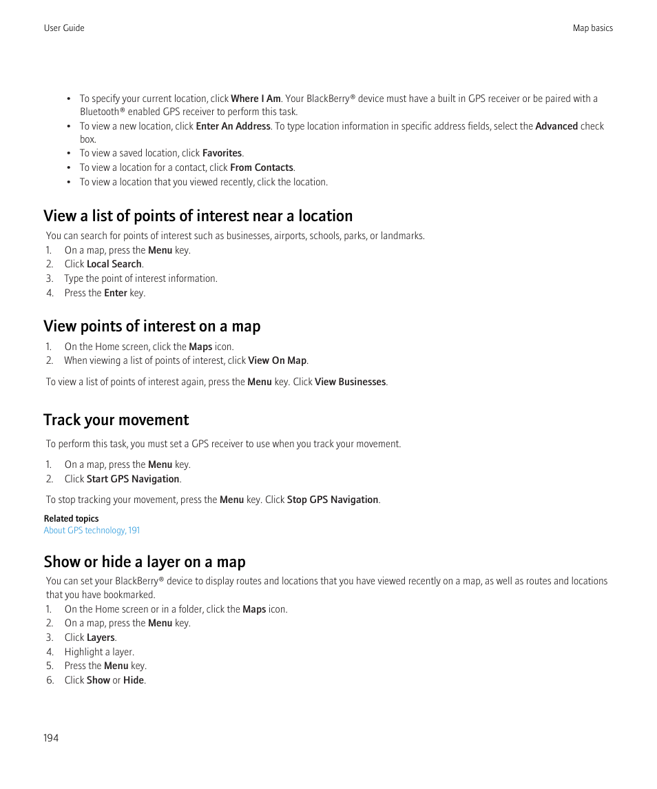 View a list of points of interest near a location, View points of interest on a map, Track your movement | Show or hide a layer on a map | Blackberry Curve 8520 User Manual | Page 196 / 278