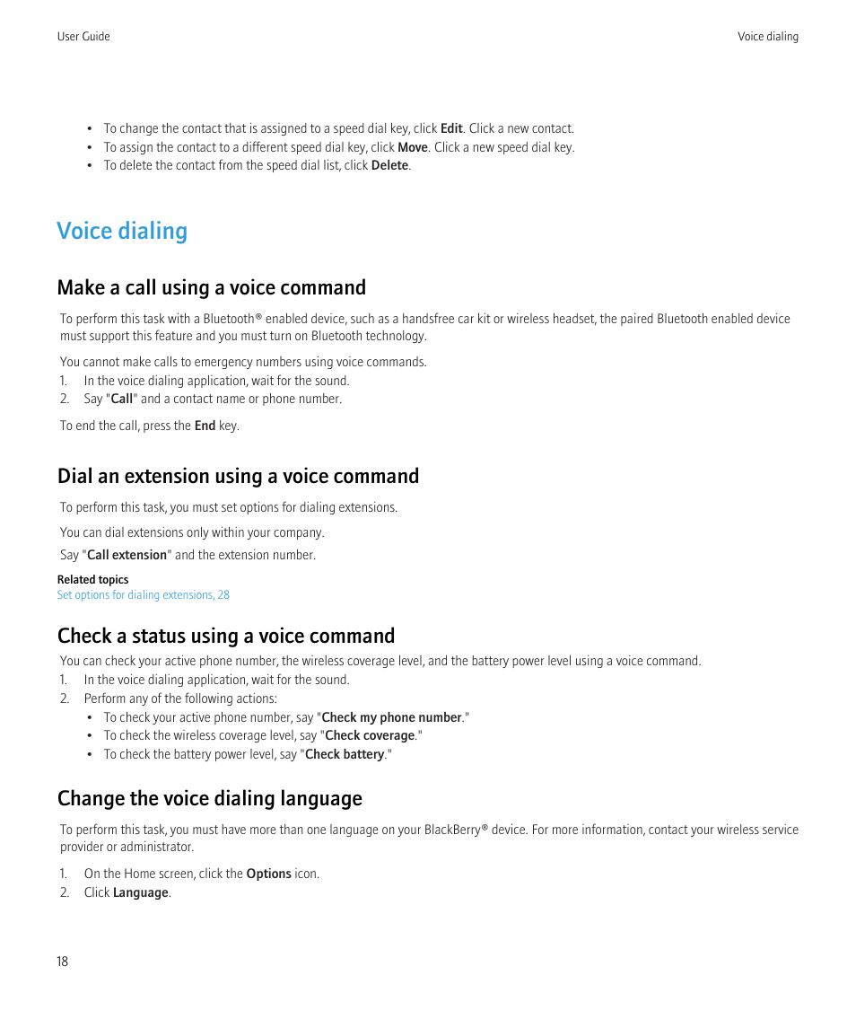 Voice dialing, Make a call using a voice command, Dial an extension using a voice command | Check a status using a voice command, Change the voice dialing language | Blackberry Curve 8520 User Manual | Page 20 / 278