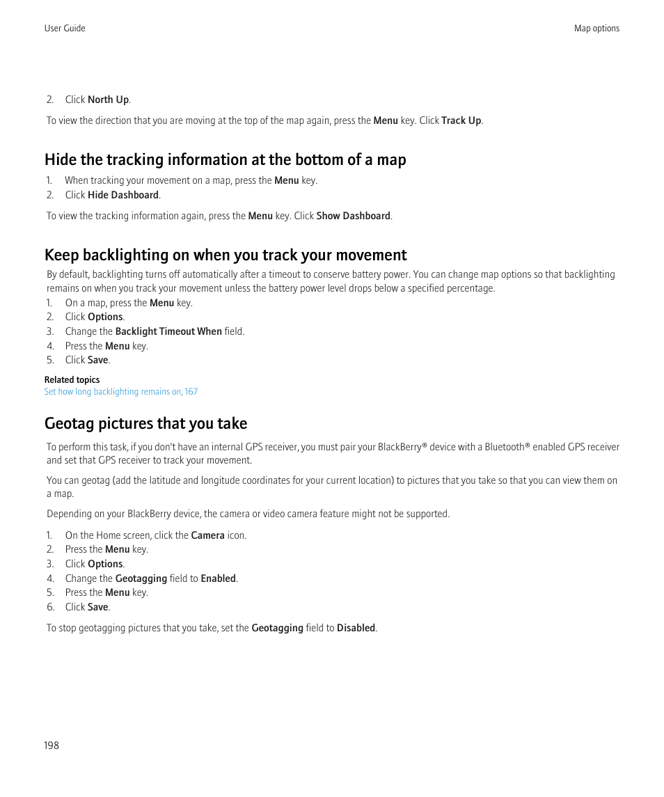 Keep backlighting on when you track your movement, Geotag pictures that you take | Blackberry Curve 8520 User Manual | Page 200 / 278
