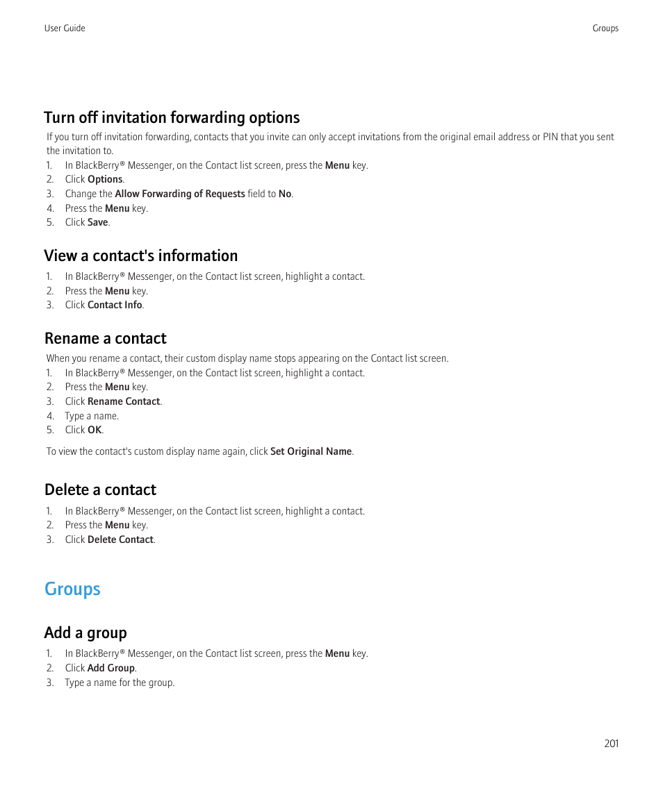 Groups, Turn off invitation forwarding options, View a contact's information | Rename a contact, Delete a contact, Add a group | Blackberry Curve 8520 User Manual | Page 203 / 278