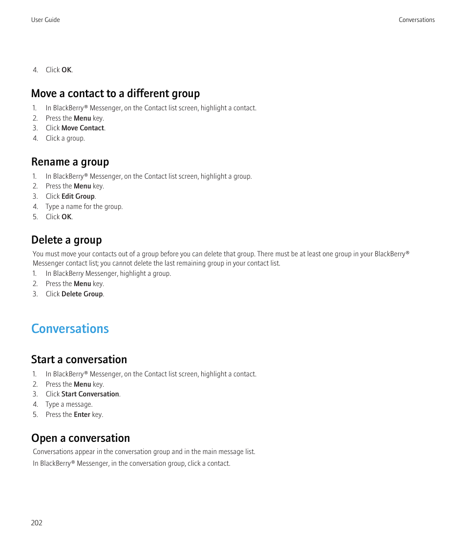 Conversations, Move a contact to a different group, Rename a group | Delete a group, Start a conversation, Open a conversation | Blackberry Curve 8520 User Manual | Page 204 / 278