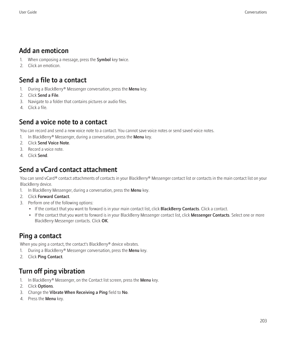 Add an emoticon, Send a file to a contact, Send a vcard contact attachment | Ping a contact, Turn off ping vibration | Blackberry Curve 8520 User Manual | Page 205 / 278
