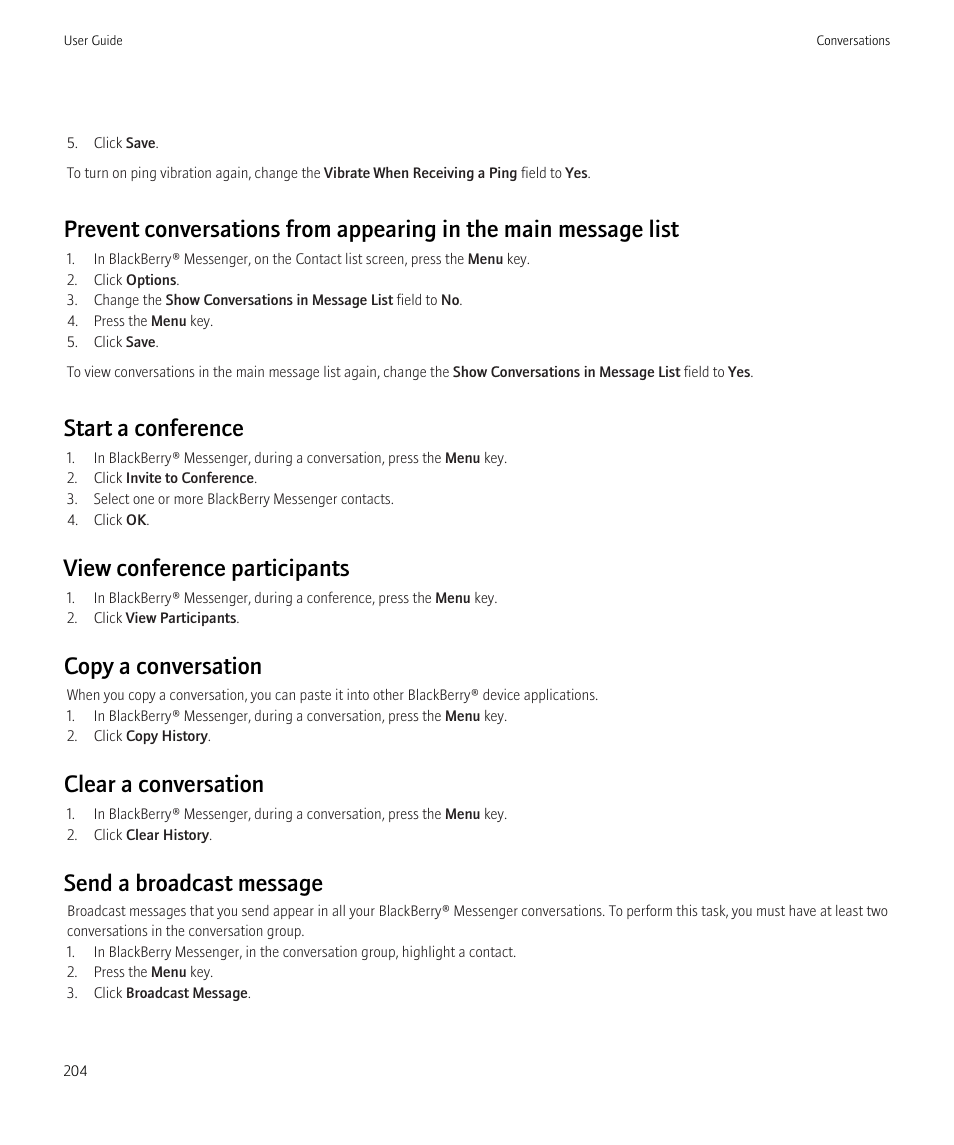 Start a conference, View conference participants, Copy a conversation | Clear a conversation, Send a broadcast message | Blackberry Curve 8520 User Manual | Page 206 / 278