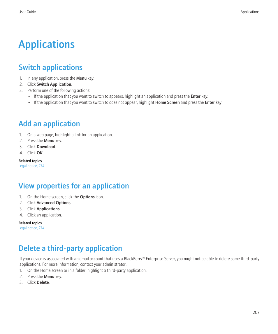 Applications, Switch applications, Add an application | View properties for an application, Delete a third-party application | Blackberry Curve 8520 User Manual | Page 209 / 278