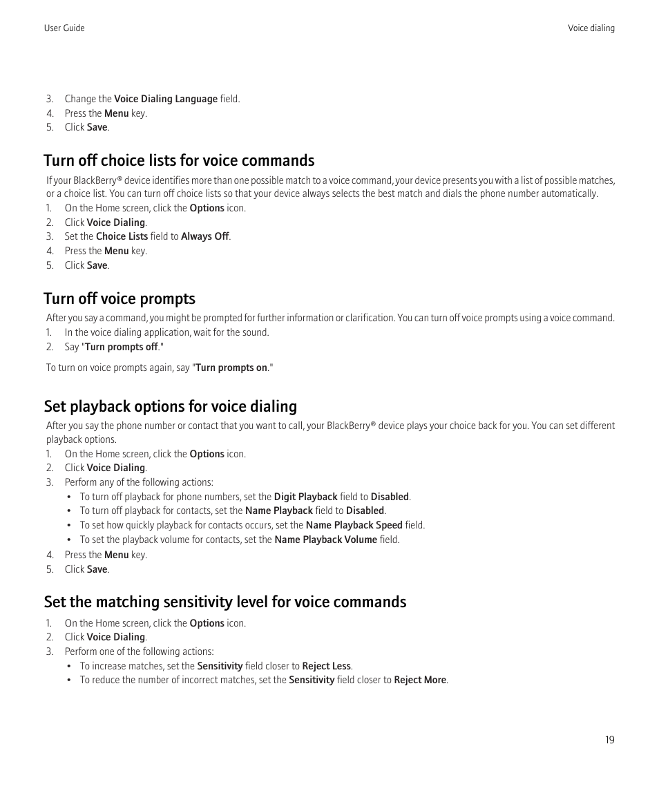 Turn off choice lists for voice commands, Turn off voice prompts, Set playback options for voice dialing | Blackberry Curve 8520 User Manual | Page 21 / 278