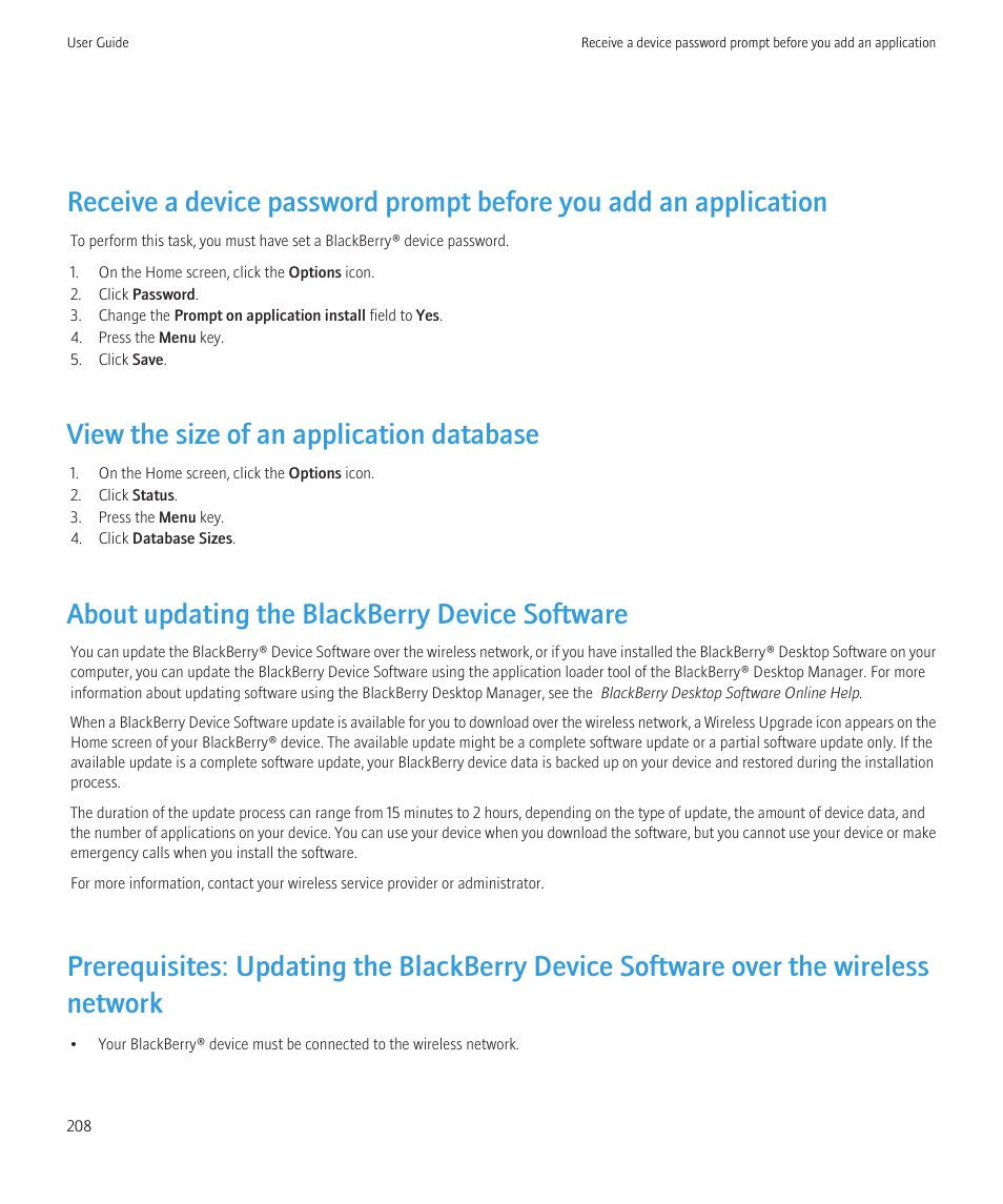 View the size of an application database, About updating the blackberry device software | Blackberry Curve 8520 User Manual | Page 210 / 278