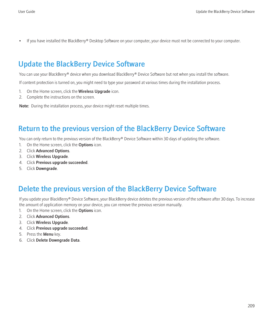 Update the blackberry device software | Blackberry Curve 8520 User Manual | Page 211 / 278