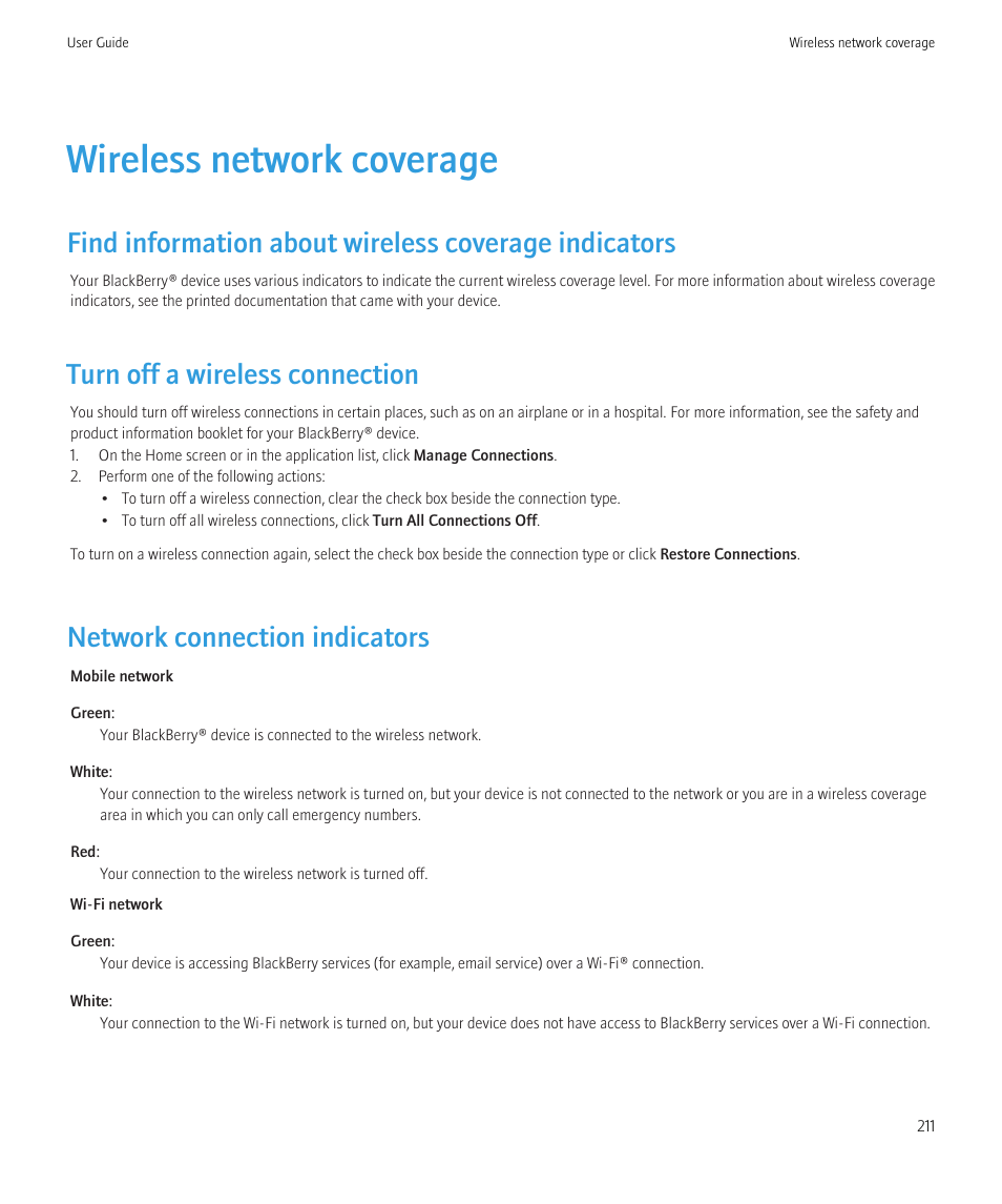 Wireless network coverage, Turn off a wireless connection, Network connection indicators | Blackberry Curve 8520 User Manual | Page 213 / 278