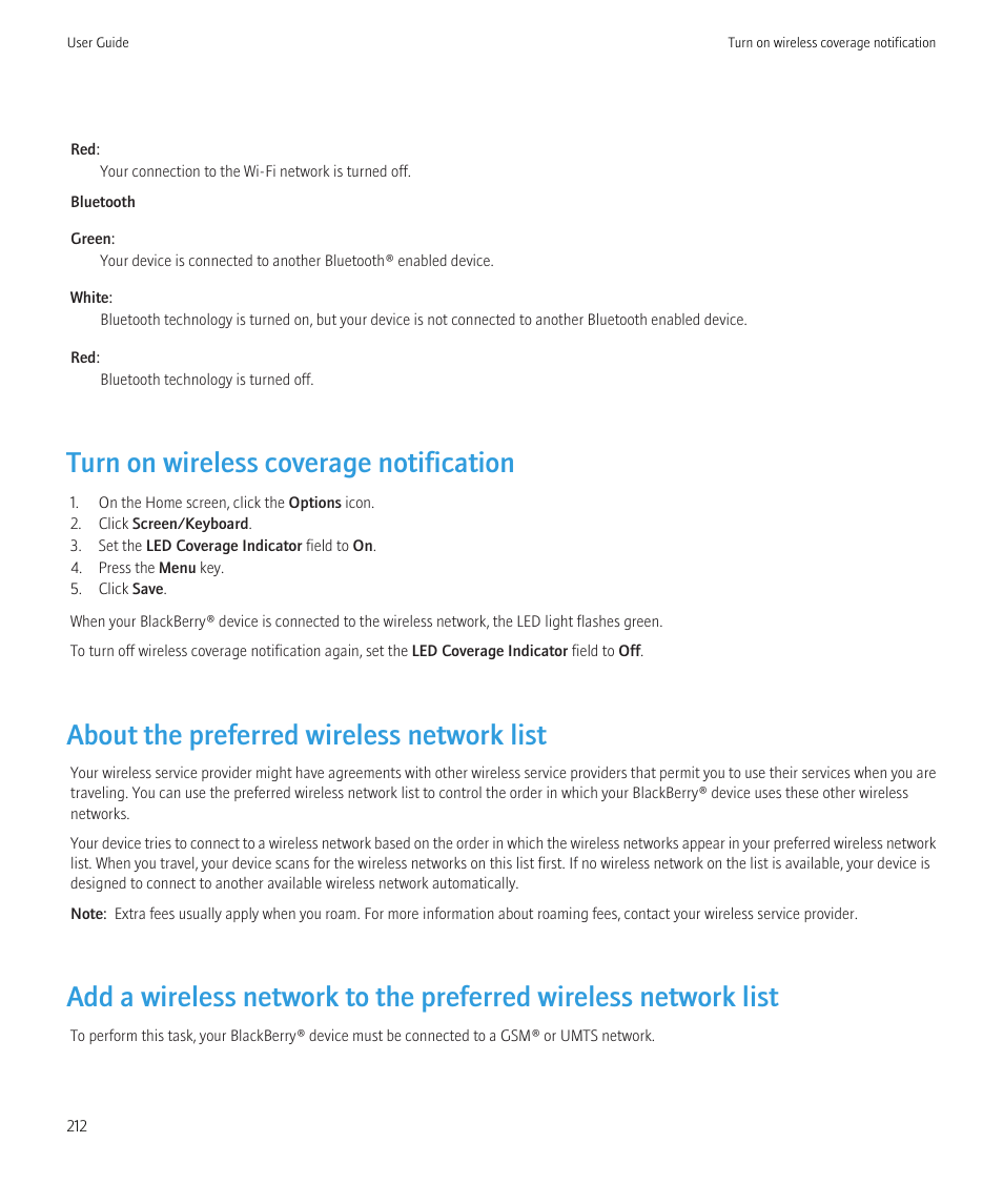 Turn on wireless coverage notification, About the preferred wireless network list | Blackberry Curve 8520 User Manual | Page 214 / 278