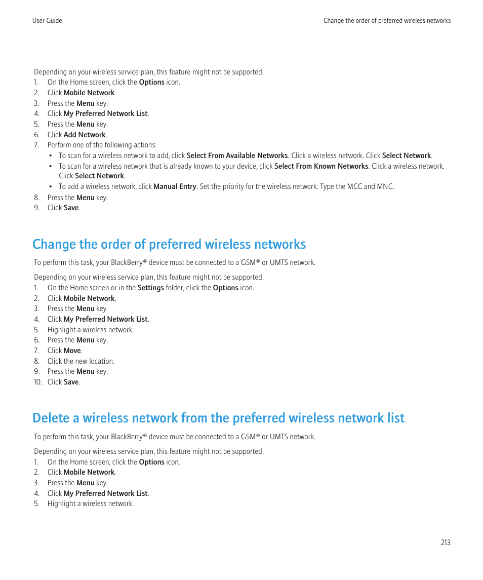 Change the order of preferred wireless networks | Blackberry Curve 8520 User Manual | Page 215 / 278